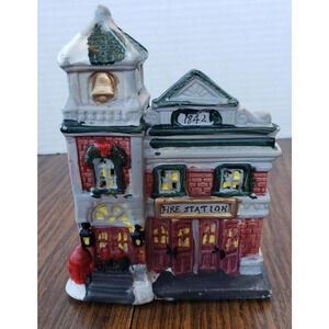 Hand Painted Porcelain Ceramic Christmas Town Small Red Fire Station